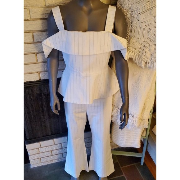 Christian Siriano Ivory/White Pinstripe Peplum Top sz 10 - Picture 2 of 7